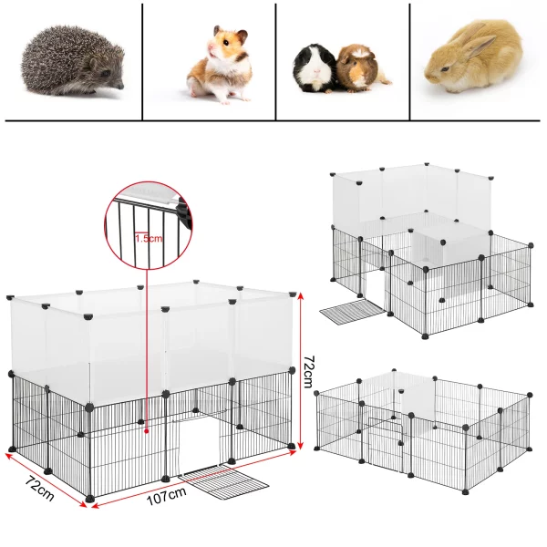 Grey pet playpen configured as a low enclosure for a rabbit, demonstrating its suitability for specific pets.