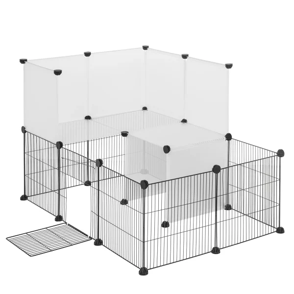 White pet playpen assembled in a spacious room, showing multiple levels for small animals.