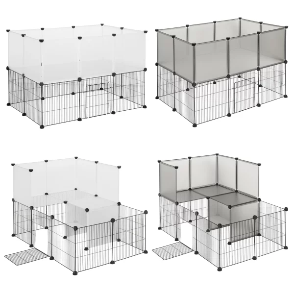 Close-up view of a white pet playpen's durable PP plastic panel and secure iron mesh construction.