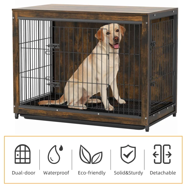 Interior view of a dog crate furniture, showing the removable tray.