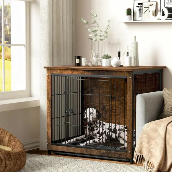 Medium dog crate furniture with open front door, showing interior space.