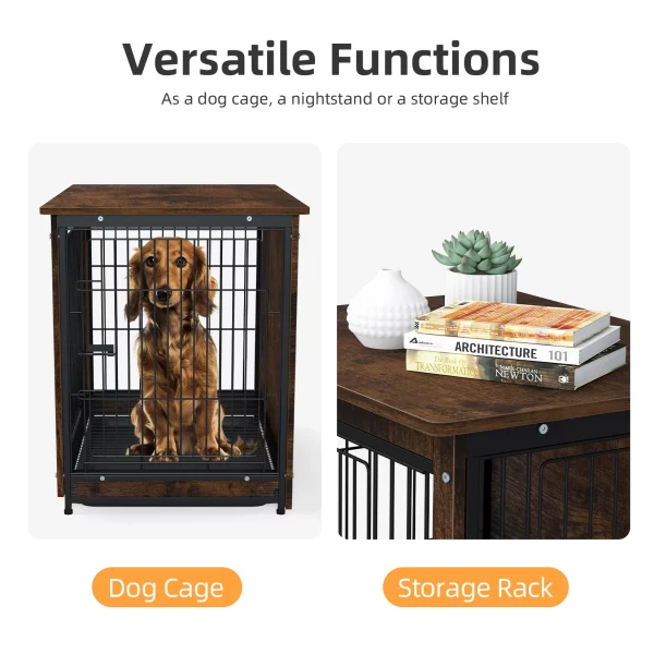 Small dog crate furniture styled as an end table in a living room.