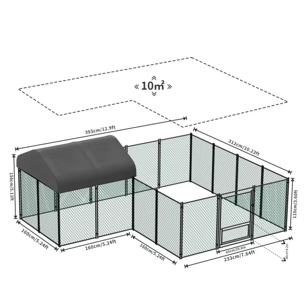 Outdoor chicken run assembly components, showing metal poles and connectors
