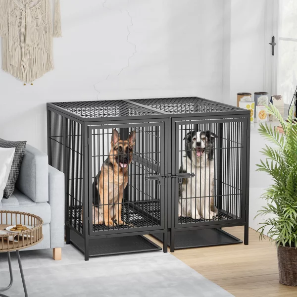 Side profile of the extra large dog crate, highlighting its ventilation and sturdy metal bar construction.