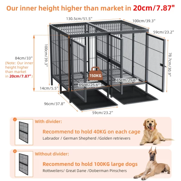 Underside view of the dog crate, showing the easily accessible and removable slide-out cleaning trays.