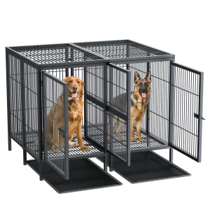 Front view of the heavy duty dog crate, showcasing its overall size and robust metal structure.