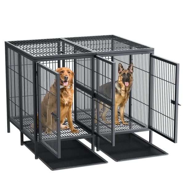 Front view of the heavy duty dog crate, showcasing its overall size and robust metal structure.