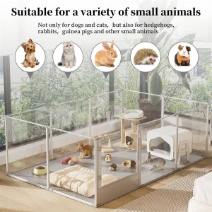 Ex-large clear acrylic dog playpen setup in a living room