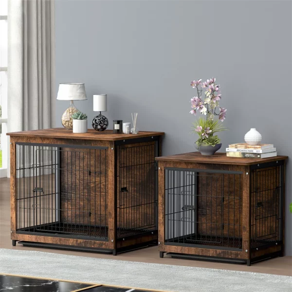 Interior of large dog crate, showing sturdy metal bars and wooden frame