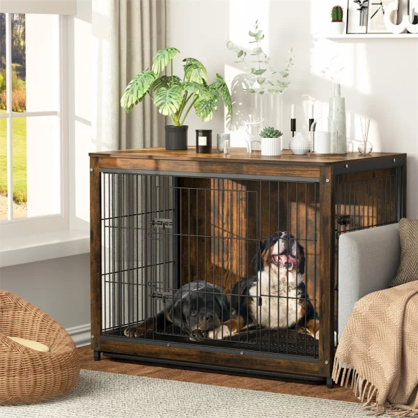 Wooden dog kennel, side profile showing side door access and rustic finish