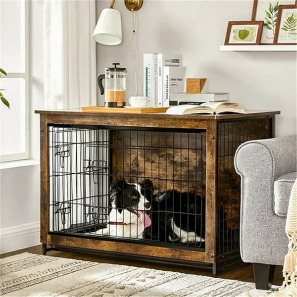 Large elevated dog crate end table, front view with double doors open