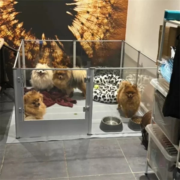 Clear acrylic dog playpen, side view showing panel assembly, transparent