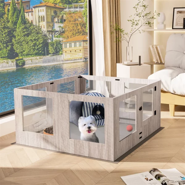 Dog whelping box setup with puppies playing inside
