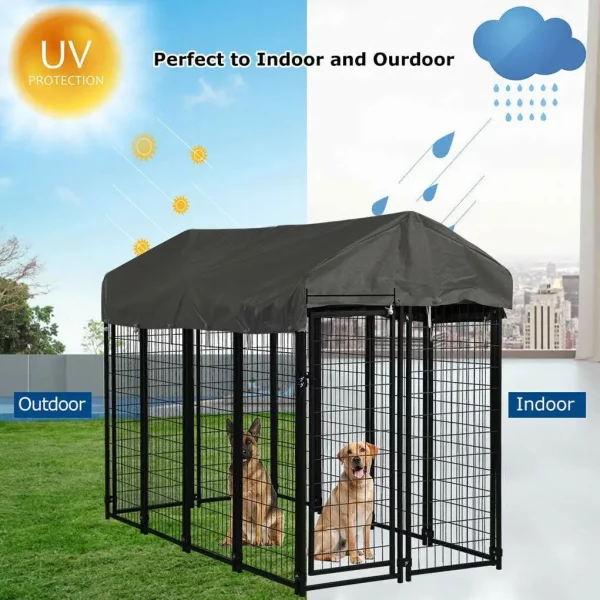 Oversize dog cage with the waterproof 210D Oxford cloth roof installed, providing shade.