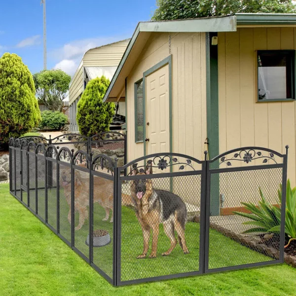 Close-up of the gate latch on the metal dog playpen