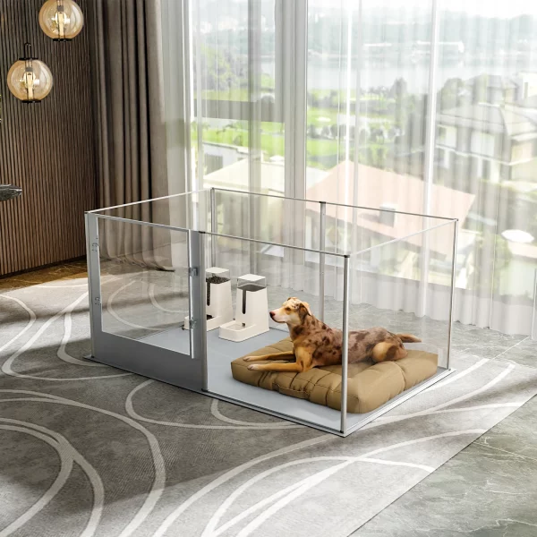 Acrylic dog playpen configured as a whelping box with waterproof mat