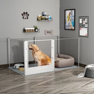 Large acrylic dog playpen fence assembled with a dog inside