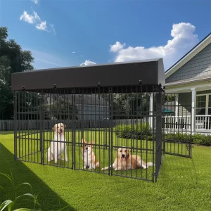 Assembled heavy duty dog kennel, front view with secure latch