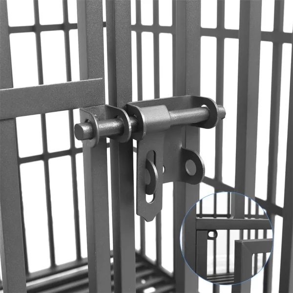 Metal dog crate positioned on its lockable casters, demonstrating mobility