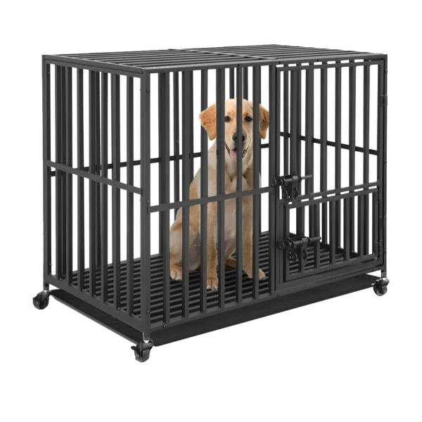 Heavy duty dog cage with the removable tray extended for easy cleaning access