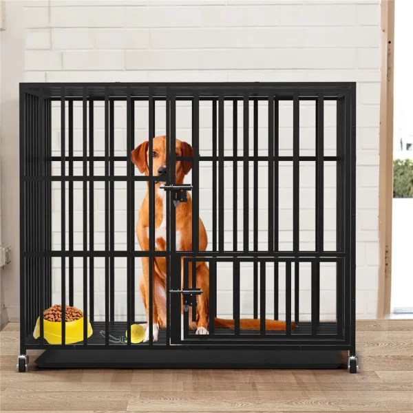 Side profile of the metal dog crate highlighting its ventilation and construction