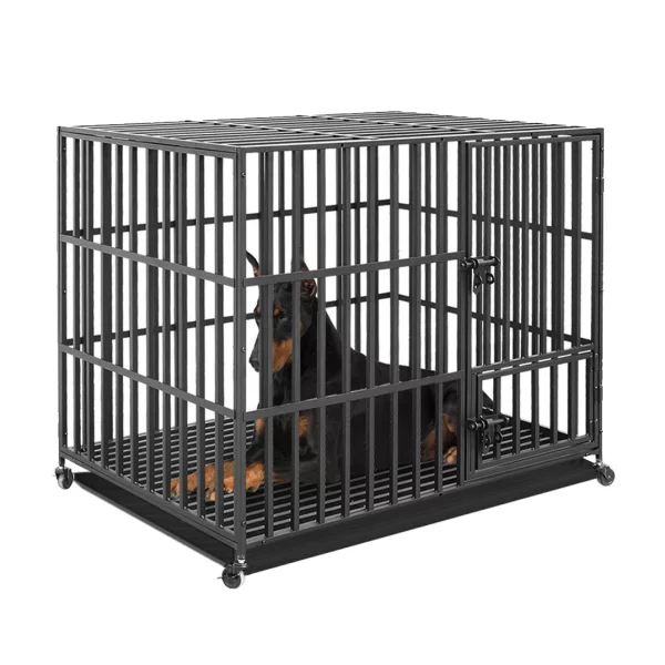 Front view of the heavy duty dog cage showing multiple doors and sturdy metal bars