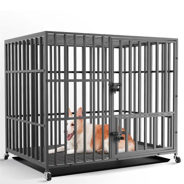 Interior view of the dog crate, showing ample space and floor grating