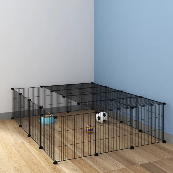 A puppy exploring its new space within the DIY pet playpen, demonstrating its suitability for dogs.