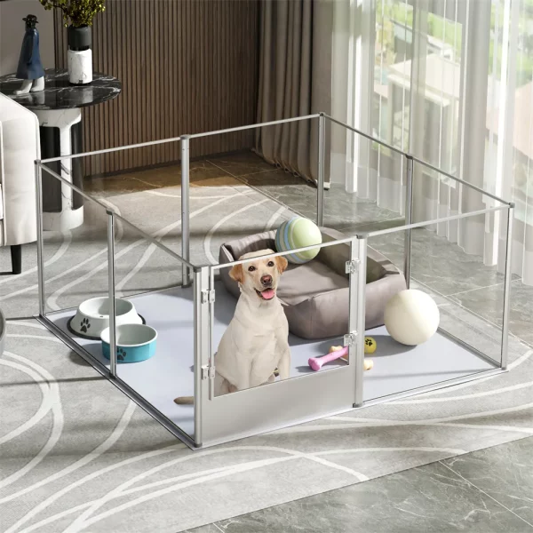 Side view of the XXL clear acrylic dog playpen with a door