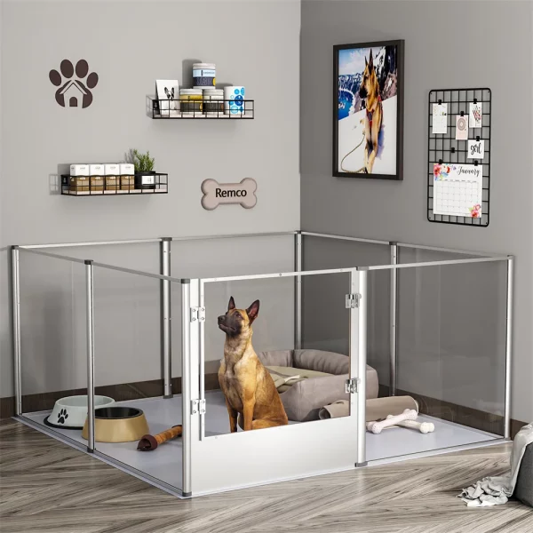 Close-up of the clear acrylic panel and silver aluminum frame of a dog playpen