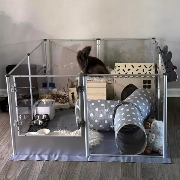 Puppies playing inside a clear acrylic dog playpen enclosure