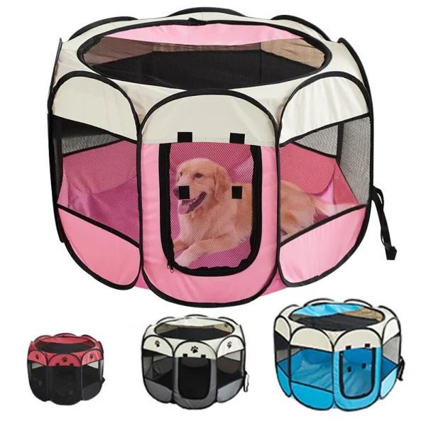 Foldable pet tent, octagonal design, side view