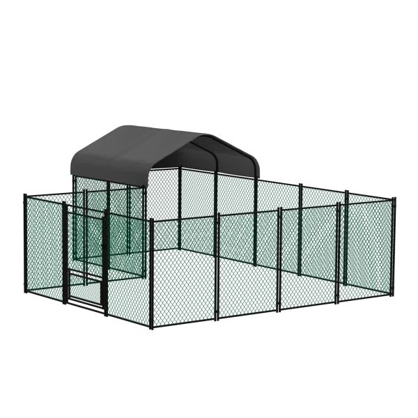 Chicken coop with protective cover, showing ample interior space
