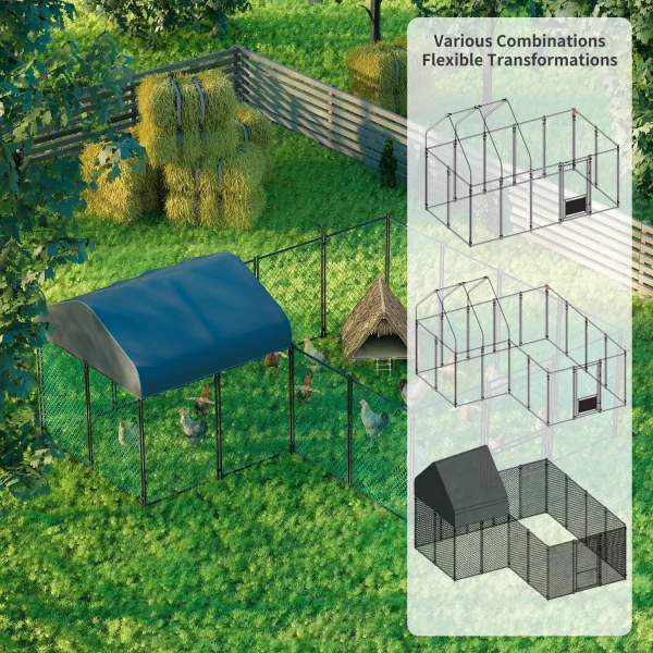 Detailed view of the chicken coop's durable metal mesh and frame
