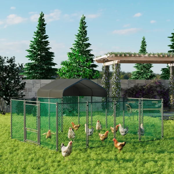 Spacious chicken coop with silver metal frame and green cover, front view