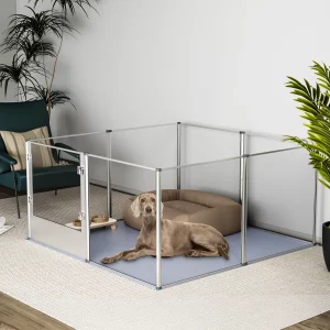 8 panel dog playpen setup with clear acrylic panels and silver frame