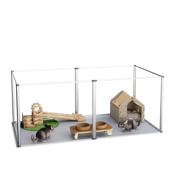 Assembled acrylic pet playpen showing 6 panels forming a square