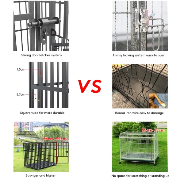 Metal dog cage, detail of the three access doors and their latches