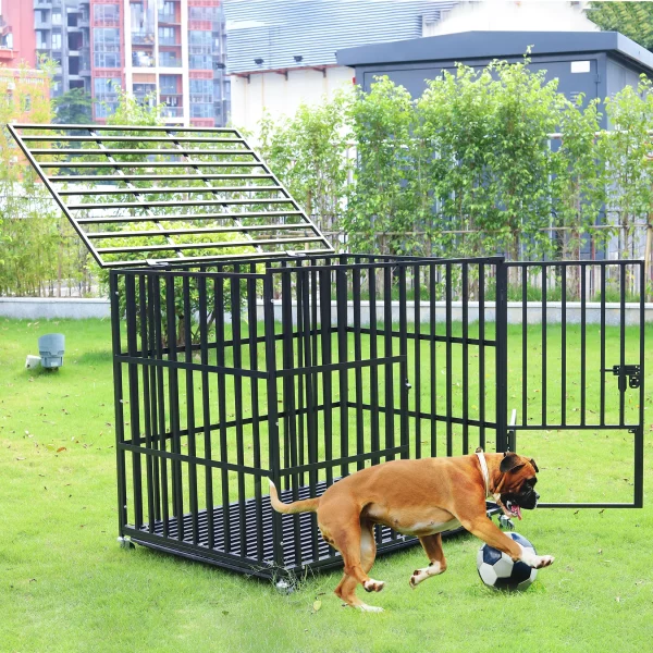 Large dog crate, side view showing spacious interior and lockable wheels