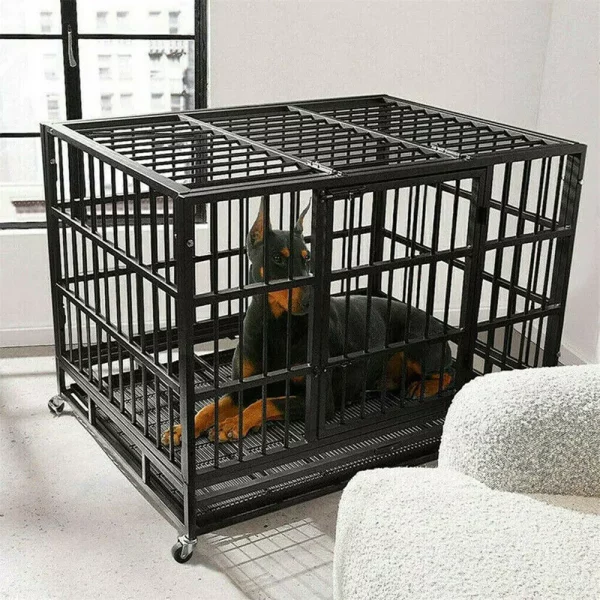 XXL dog crate, angled view highlighting sturdy metal bars and secure latches