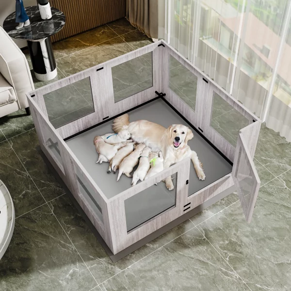Close-up of the tempered glass dog playpen with a puppy inside, highlighting the protective pig rail