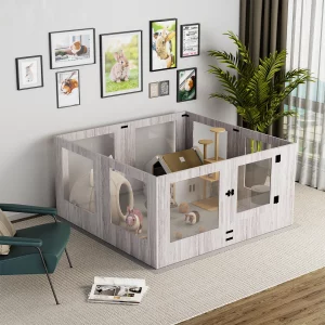 Tempered glass dog playpen setup showing 8 panels forming a spacious enclosure
