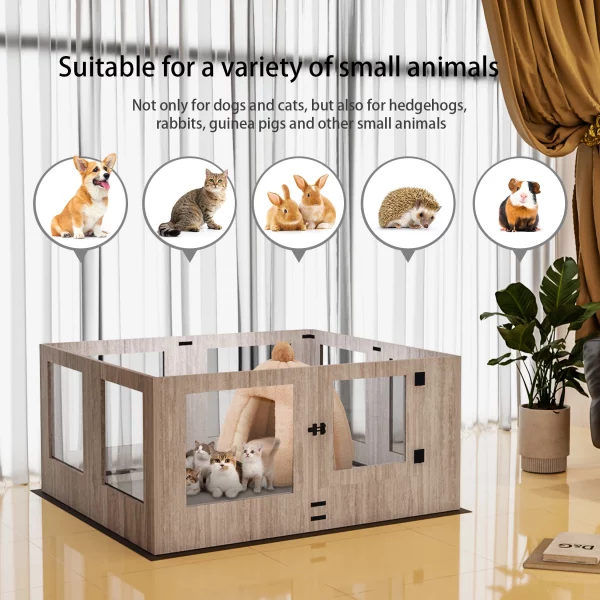 Tempered glass dog playpen panels connected, showing the transparent material and light grey frame