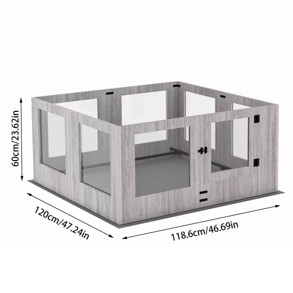 Side view of the 8-panel dog exercise fence, demonstrating its height and secure latch on the door panel
