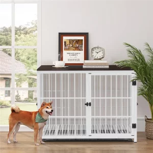 White furniture dog crate with three doors, front view