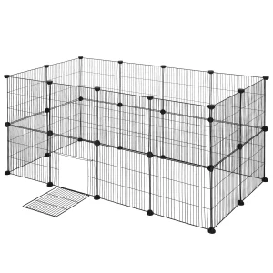 DIY pet fence panels arranged in a large rectangular enclosure for dogs.