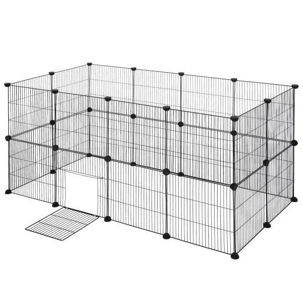 DIY pet fence panels arranged in a large rectangular enclosure for dogs.