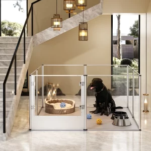 Acrylic dog playpen set up in a modern living room