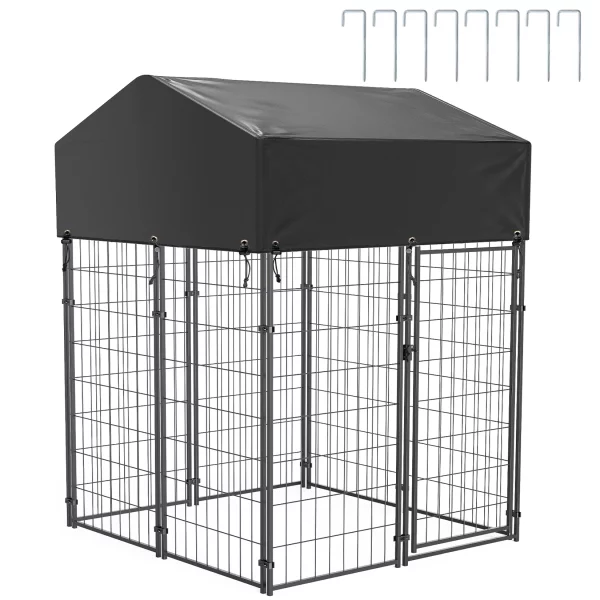 Side view of the large outdoor dog kennel, showcasing its robust construction