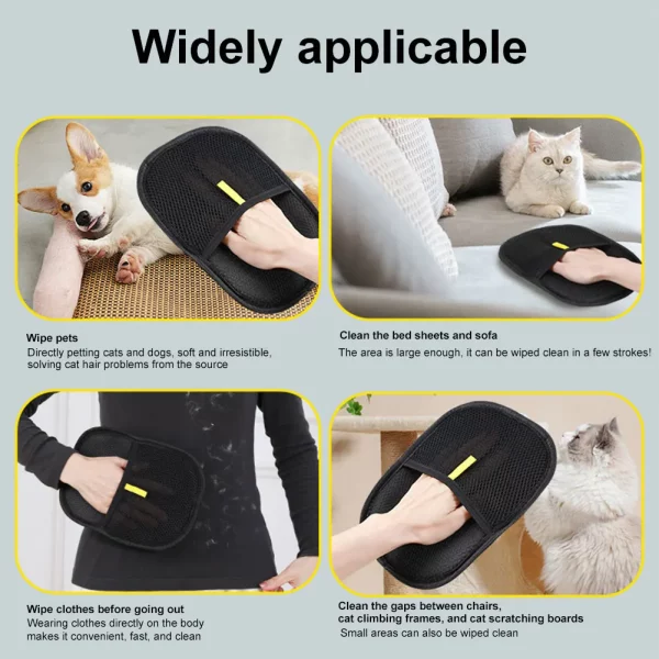 Pet grooming glove being used on a dog's fur